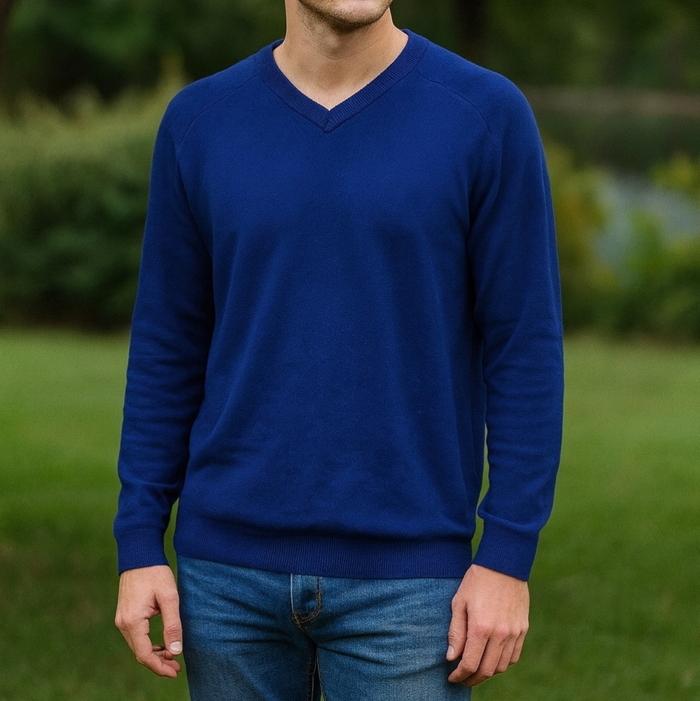 Banana Republic Mens Sweater Pullover Solid Navy Blue V-Neck Cotton Blend Medium